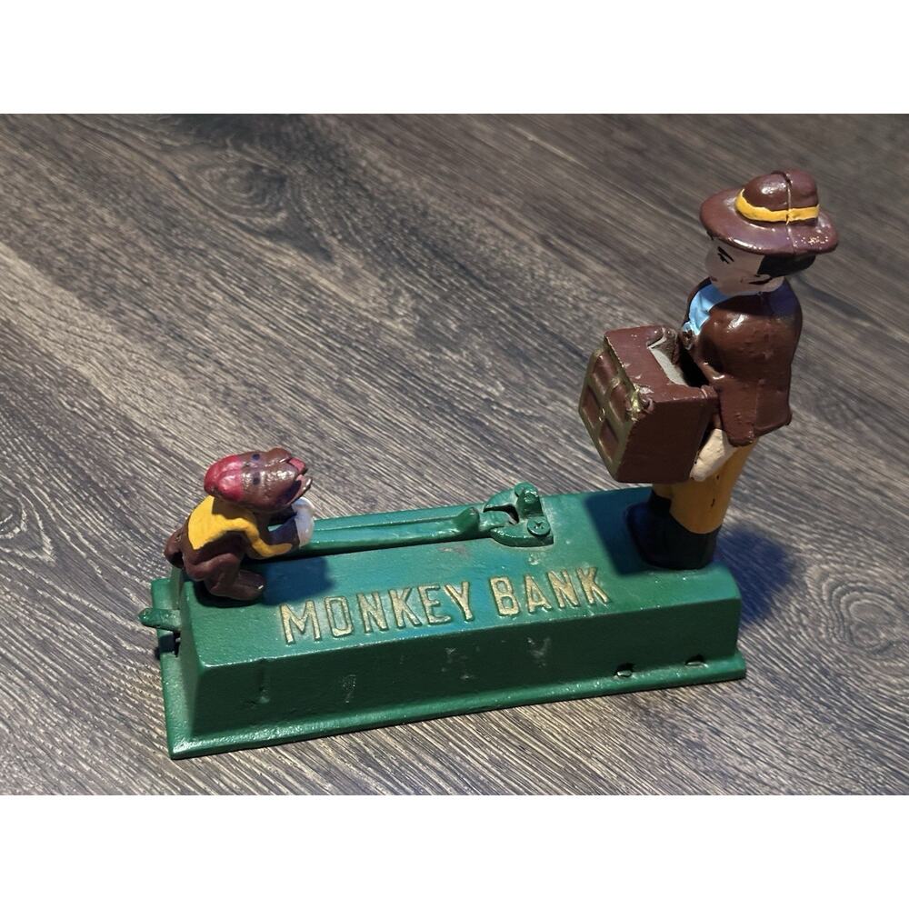 Vintage Cast Iron Mechanical Bank "Monkey Bank" Working Condition Spring Action